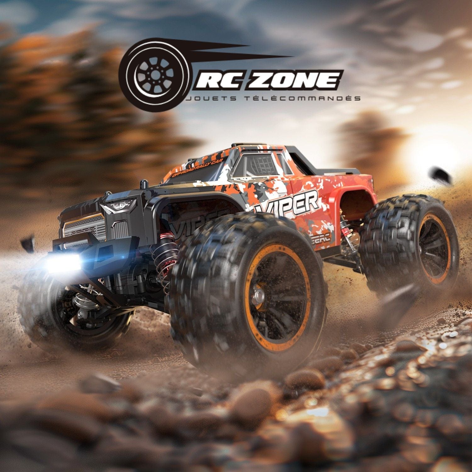 Voiture RC monster truck VIPER orange en action sur rochers - Bannière hero RC Z | APEX RC